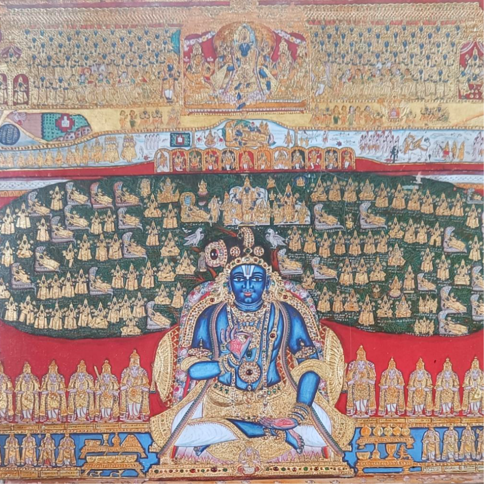 Framed artwork depicting saint Nammāḻvār at the center, surrounded by the lineage of Srivaishnava Āchāryas and the 63 Shaiva Nāyanmārs. The colour composition is bright and beatifully contrasting