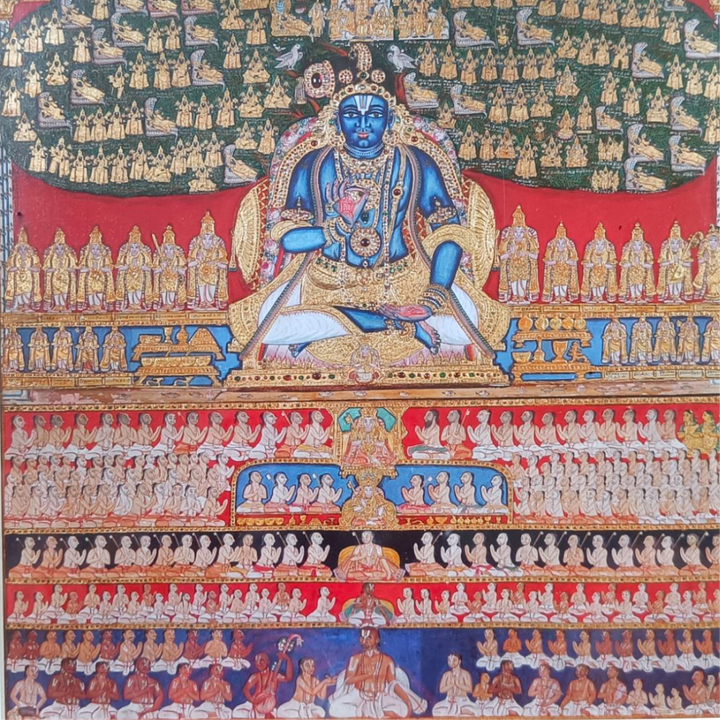 Framed artwork depicting saint Nammāḻvār at the center, surrounded by the lineage of Srivaishnava Āchāryas and the 63 Shaiva Nāyanmārs. The colour composition is bright and beatifully contrasting