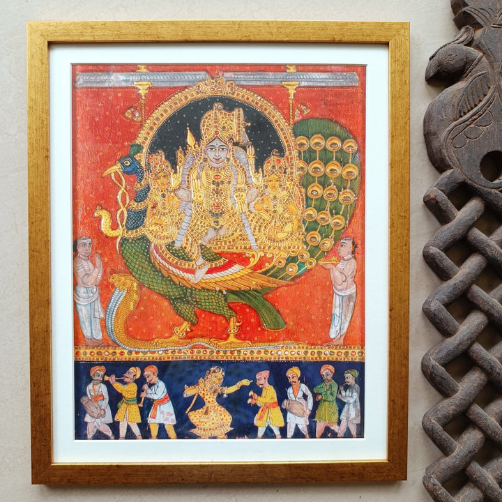 Karthikeya with Valli and Deivanai - Tanjore style art print