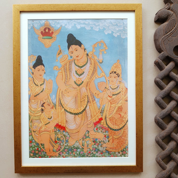 Rama with Sita, Laxmana and Hanumana - Tanjore style art print