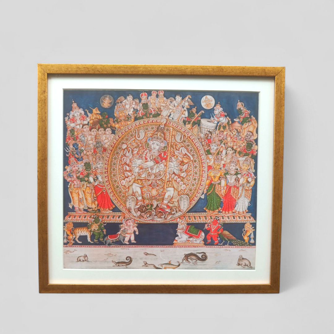 Framed artprint depicting Nataraja surrounded by devotees in Kerala Mural style