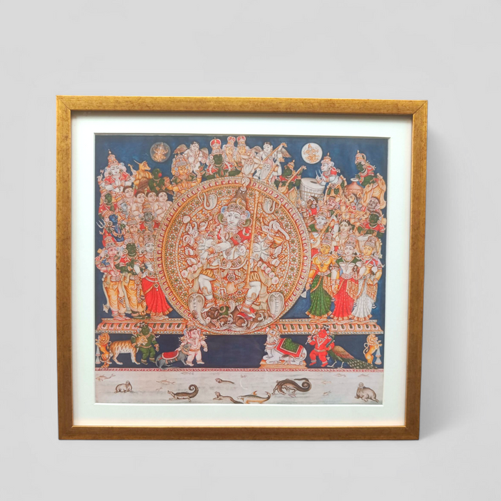 Framed artprint depicting Nataraja surrounded by devotees in Kerala Mural style