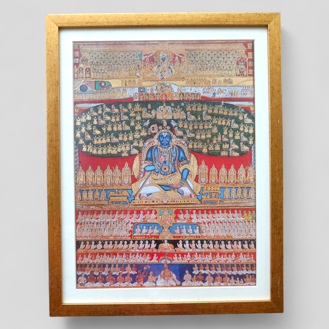 Framed artwork depicting saint Nammāḻvār at the center, surrounded by the lineage of Srivaishnava Āchāryas and the 63 Shaiva Nāyanmārs. The colour composition is bright and beatifully contrasting