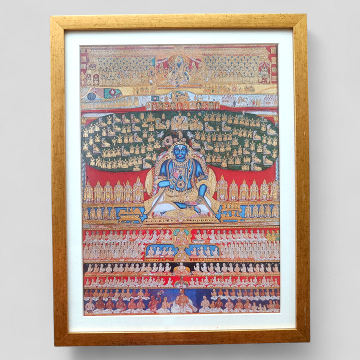 Framed artwork depicting saint Nammāḻvār at the center, surrounded by the lineage of Srivaishnava Āchāryas and the 63 Shaiva Nāyanmārs. The colour composition is bright and beatifully contrasting