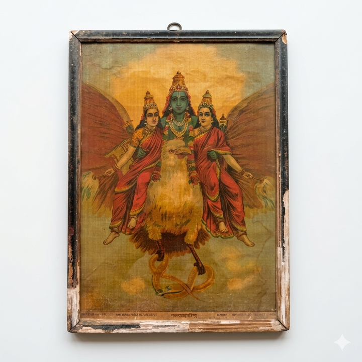 Vishnu on Garuda — Vintage Ravi Varma Press Chromolithograph (Early 20th Century)