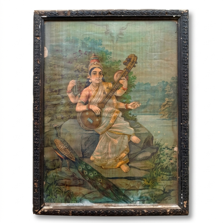 Vintage Ravi Varma Chromolithograph - Saraswati