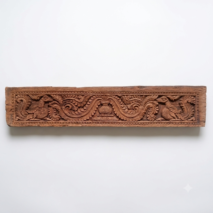 Antique Kerala Wooden Architectural Panel with Annapakshi | Hand-Carved Temple Door Lintel Fragment