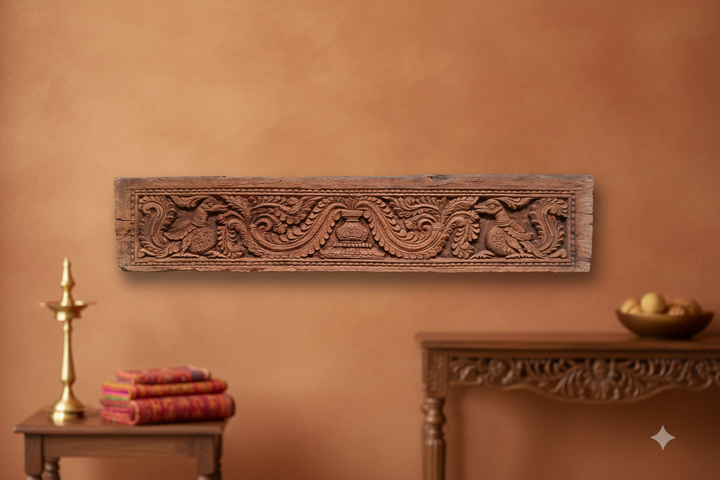 Antique Kerala Wooden Architectural Panel with Annapakshi | Hand-Carved Temple Door Lintel Fragment