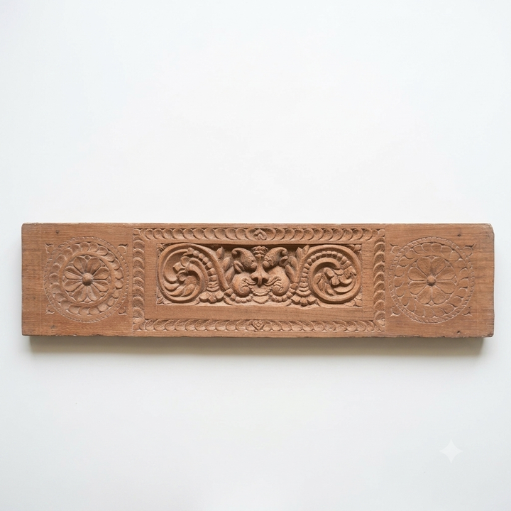 Antique Kerala Wooden Architectural Panel with Kirtimukha | Hand-Carved Temple Door Lintel Fragment
