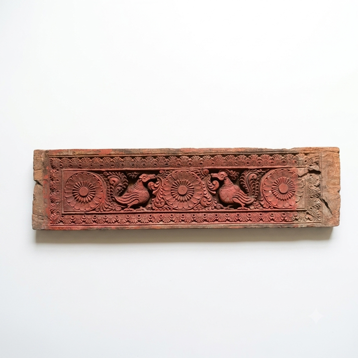 Antique Telangana Wooden Architectural Panel with Annapakshi | Hand-Carved Floral Motifs