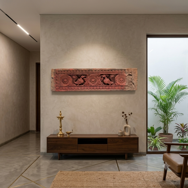 Antique Telangana Wooden Architectural Panel with Annapakshi | Hand-Carved Floral Motifs
