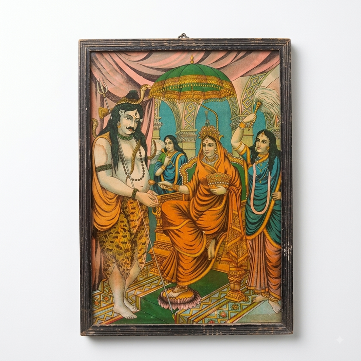 Vintage Raja Ravi Varma Annapurna Oleograph | Annapurna Devi Offering Food to Shiva