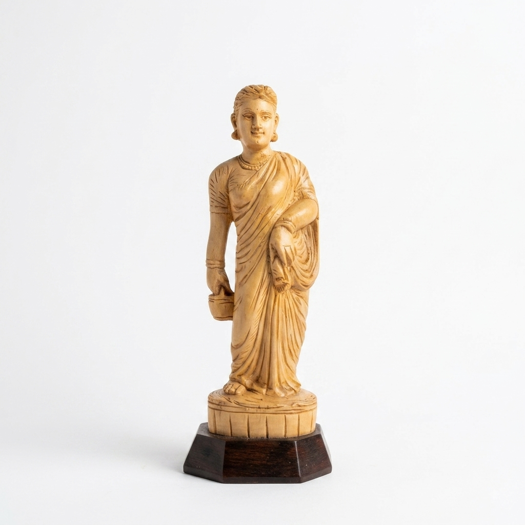 Handcarved Indian Woman in Saree with Bag | Wooden Sculpture
