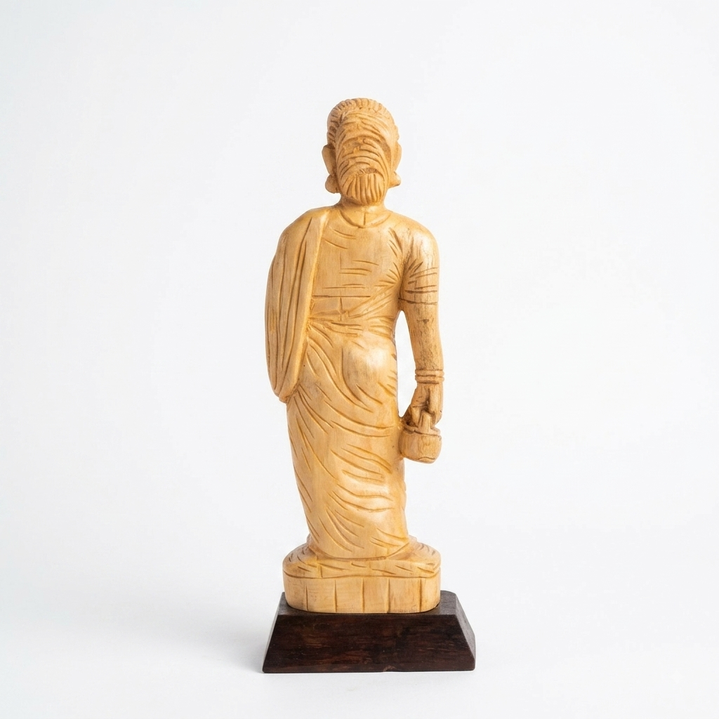 Handcarved Indian Woman in Saree with Bag | Wooden Sculpture