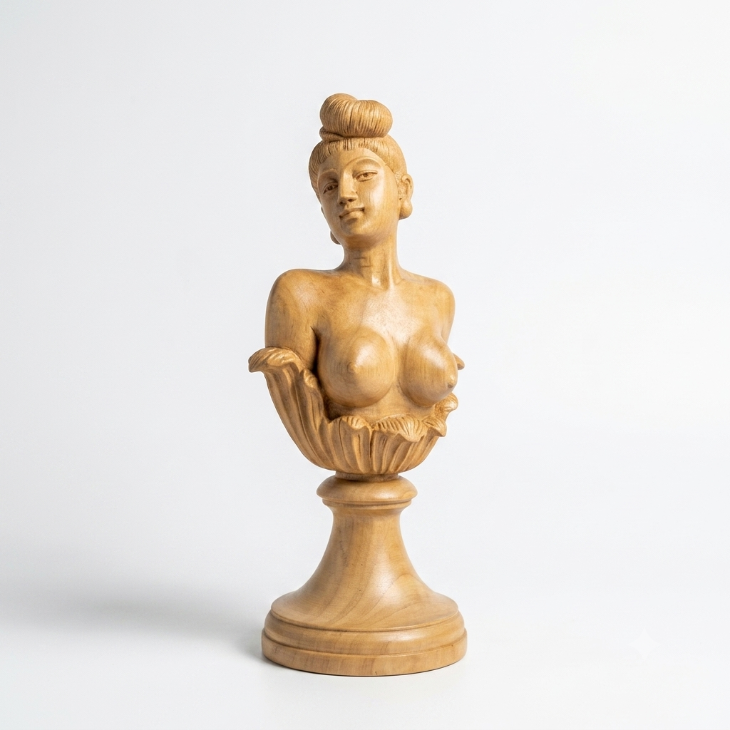 Handcarved White Cedar Apsara Bust Emerging from Lotus | Kerala