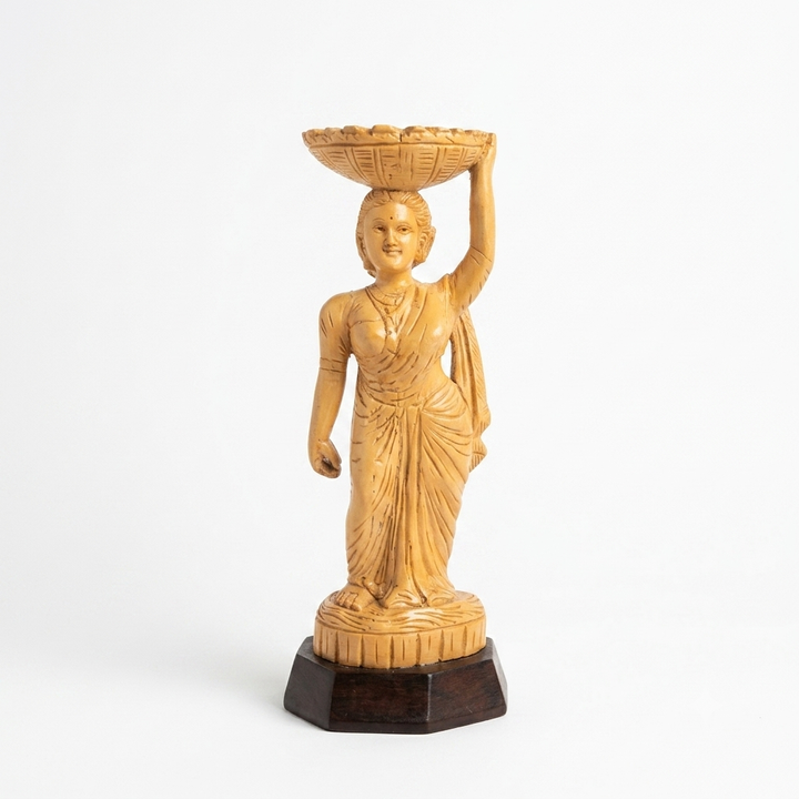 Handcarved Woman in Saree with Basket | Indian Wood Sculpture