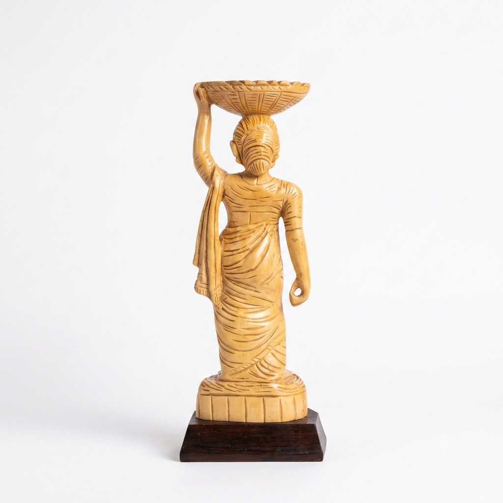 Handcarved Woman in Saree with Basket | Indian Wood Sculpture