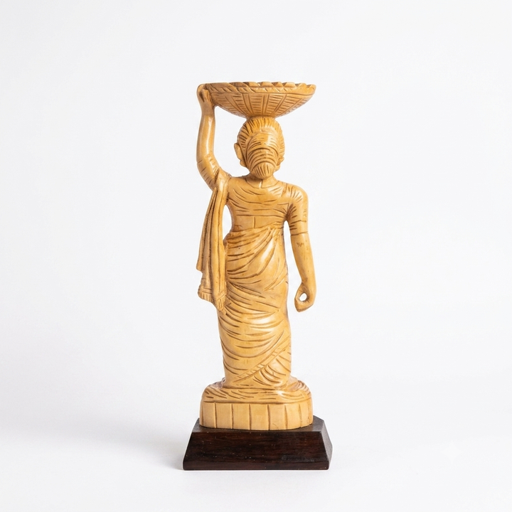 Handcarved Woman in Saree with Basket | Indian Wood Sculpture