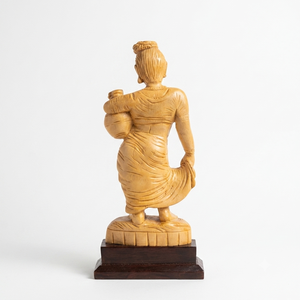 Handcarved Kerala Woman with Pot | White Cedar Wood Sculpture