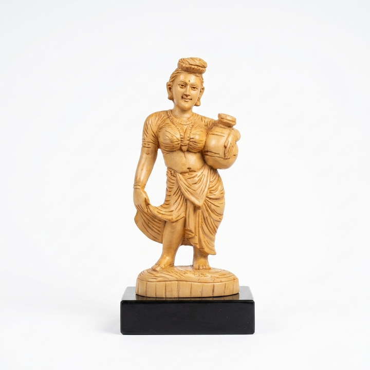 Handcarved Kerala Woman with Pot | White Cedar Wood Sculpture