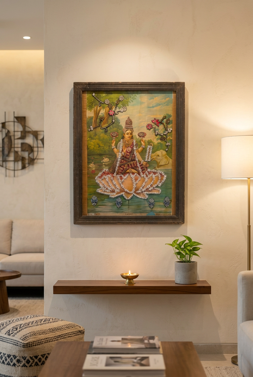 Embellished early 20th-century FAL Press print of Goddess Lakshmi seated on a lotus in its original vintage wooden frame