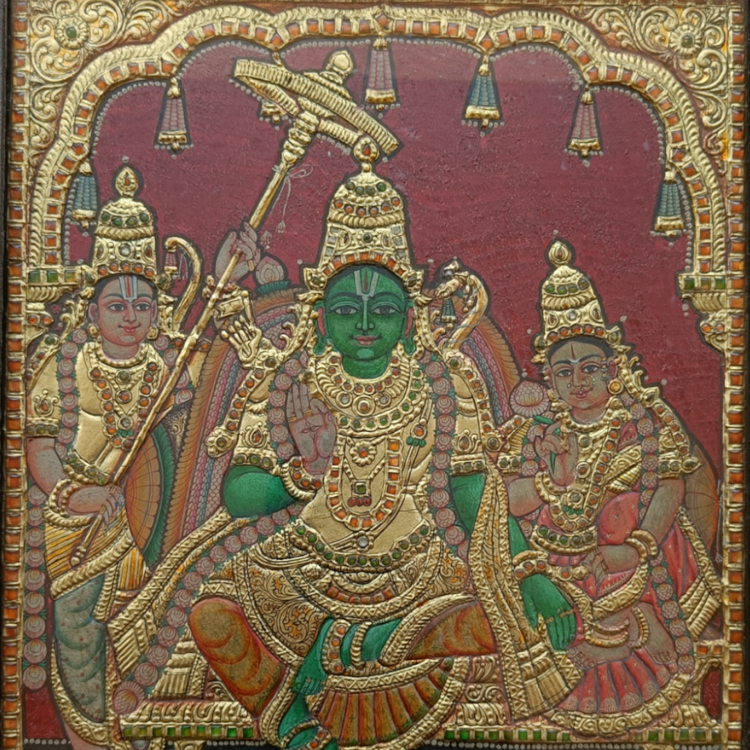 Tanjore Painting in 22 ct gold foil work - Lord Rama with Sita, Laxmana and Hanuman