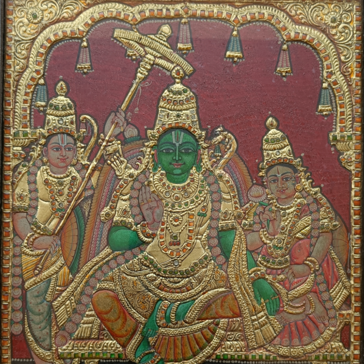 Tanjore Painting in 22 ct gold foil work - Lord Rama with Sita, Laxmana and Hanuman