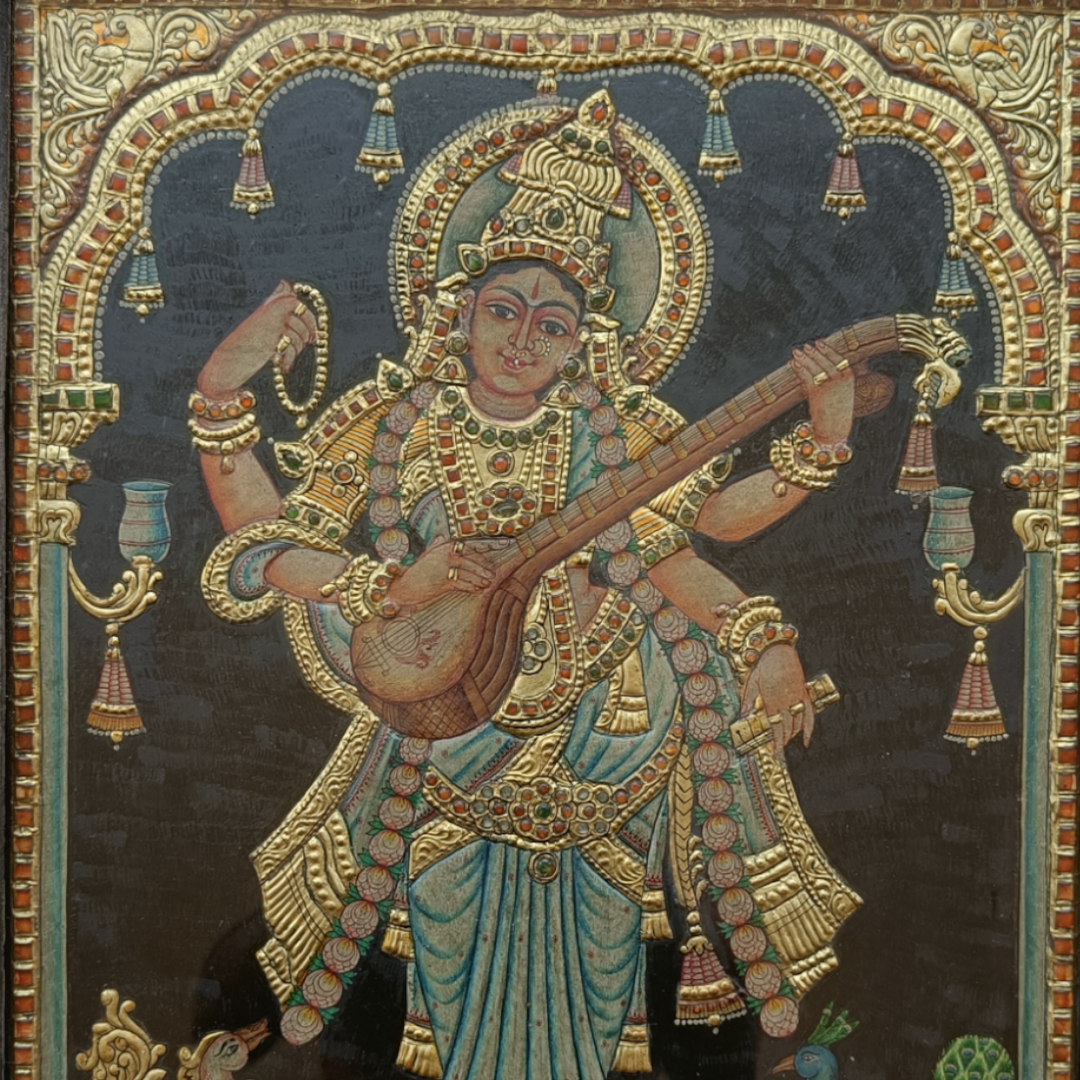 Tanjore Painting in 22 ct gold foil work - Goddess Saraswati