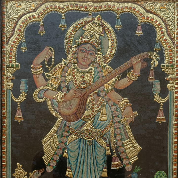 Tanjore Painting in 22 ct gold foil work - Goddess Saraswati