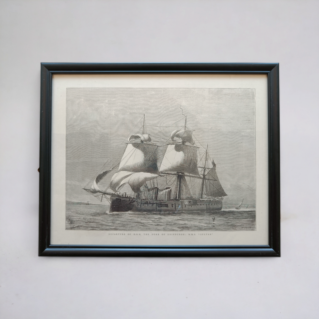 Vintage Woodcut Engraving - Departure of H.M.S Sultan