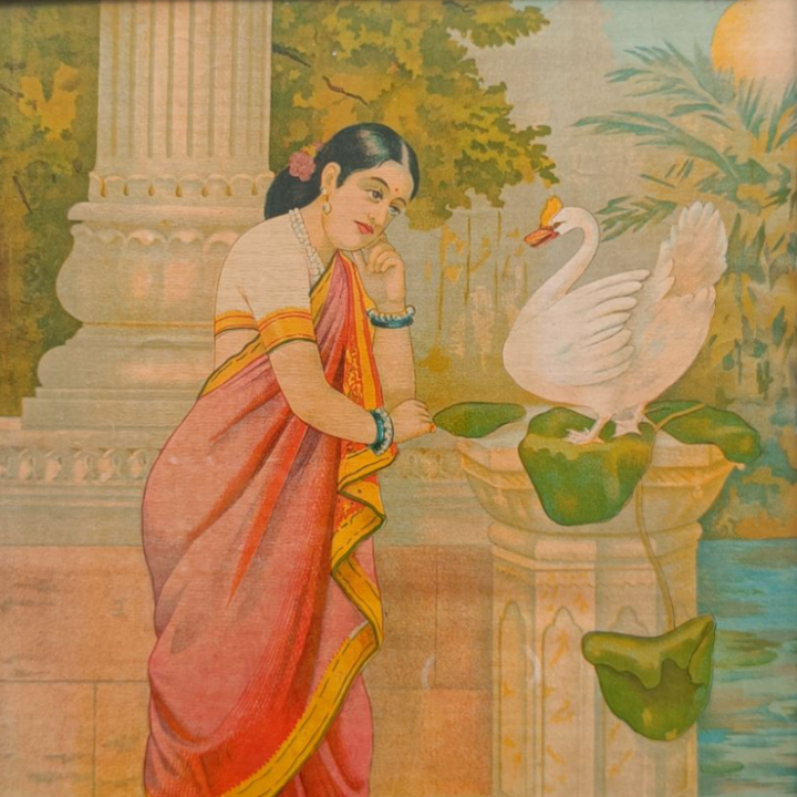 Vintage Ravi Varma Chromolithograph - Hamsa Damayanti
