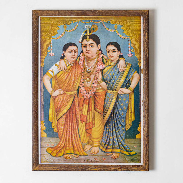 Vintage Chromolithograph - Lord Krishna with Rukmini and Satyabama
