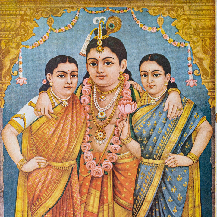 Vintage Chromolithograph - Lord Krishna with Rukmini and Satyabama