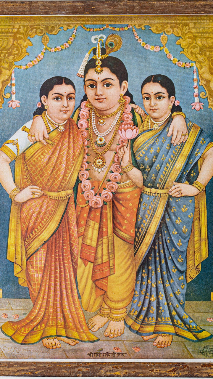 Vintage Chromolithograph - Lord Krishna with Rukmini and Satyabama