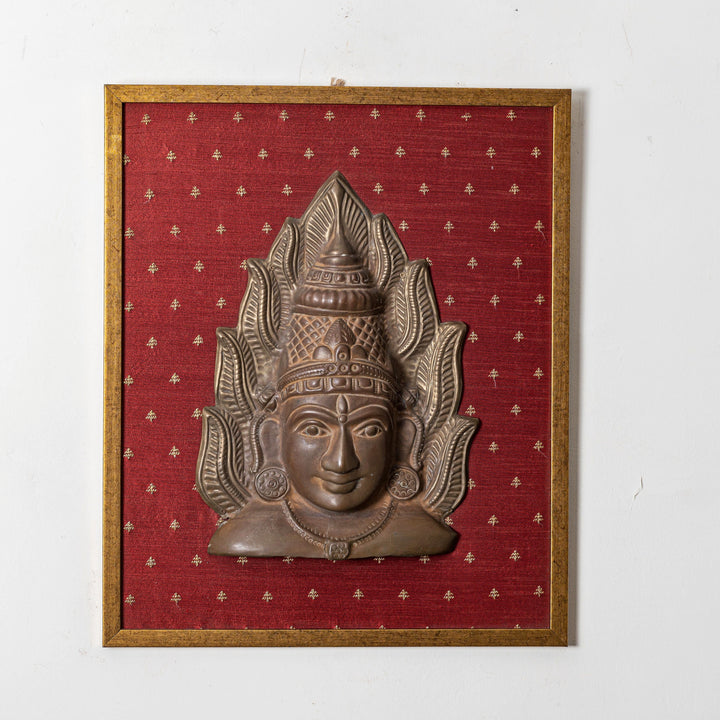 Vintage Mask of Goddess Amman framed on embroidered silk