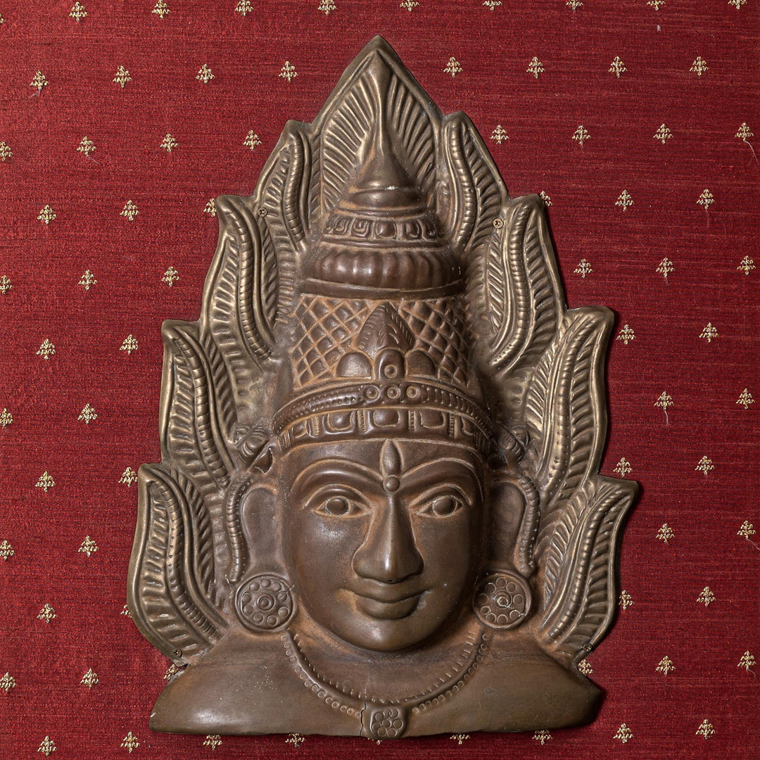 Vintage Mask of Goddess Amman framed on embroidered silk