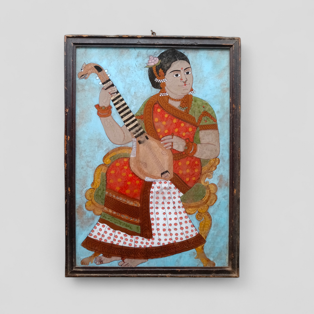 Vintage Reverse Glass Painting - Lady playing Veena