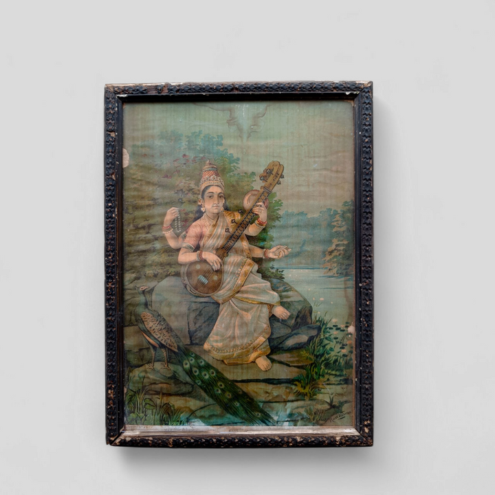 Vintage Ravi Varma Chromolithograph - Saraswati