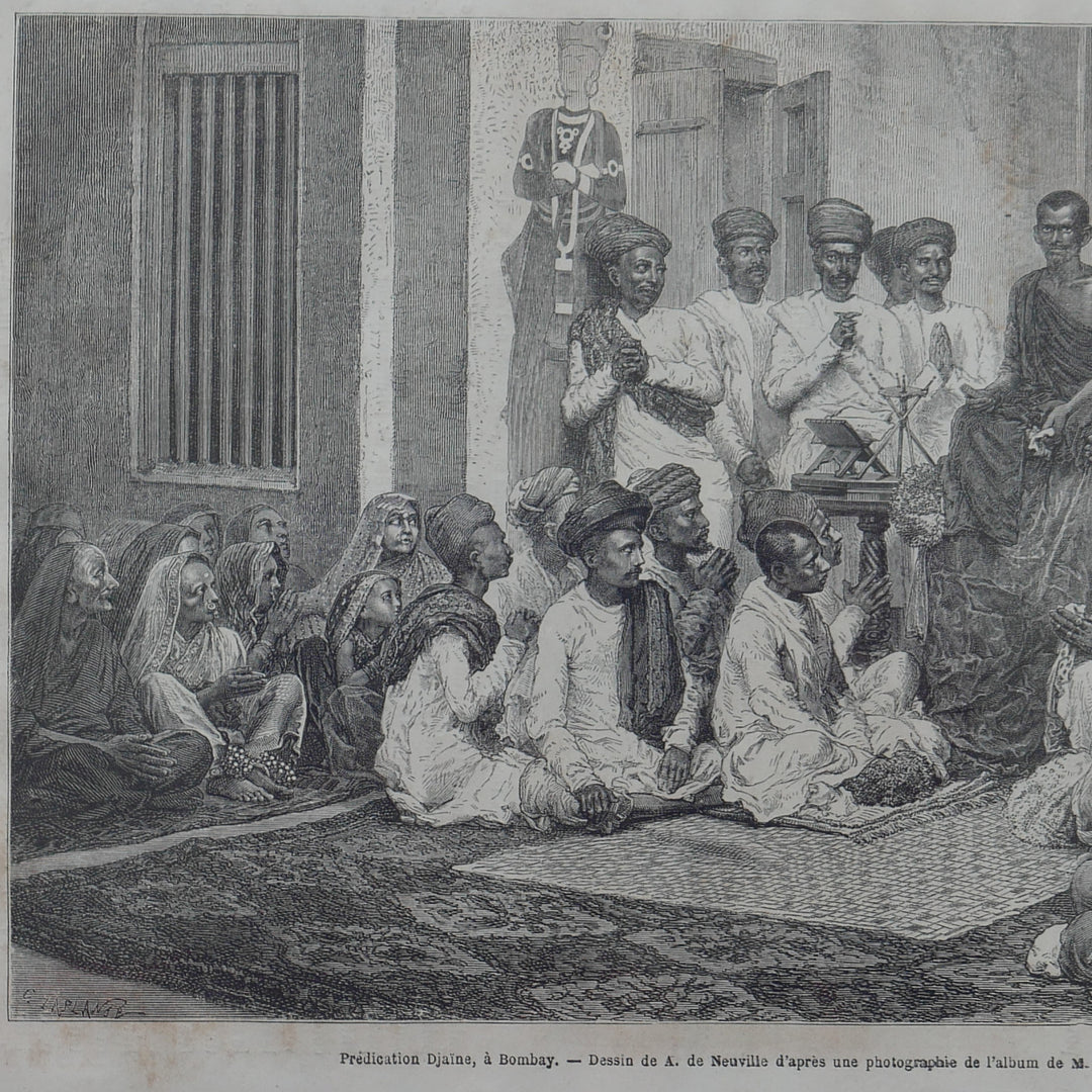 Vintage Woodcut Engraving - Religious Gathering of Jains