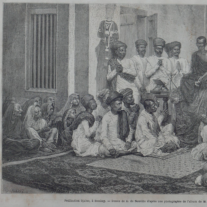 Vintage Woodcut Engraving - Religious Gathering of Jains