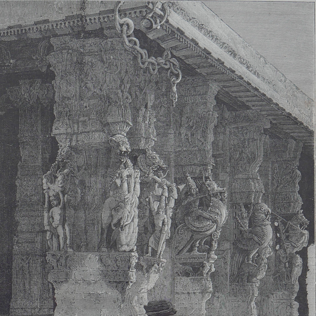 Antique Woodcut Engraving - Mandapam of Hundred Pillars