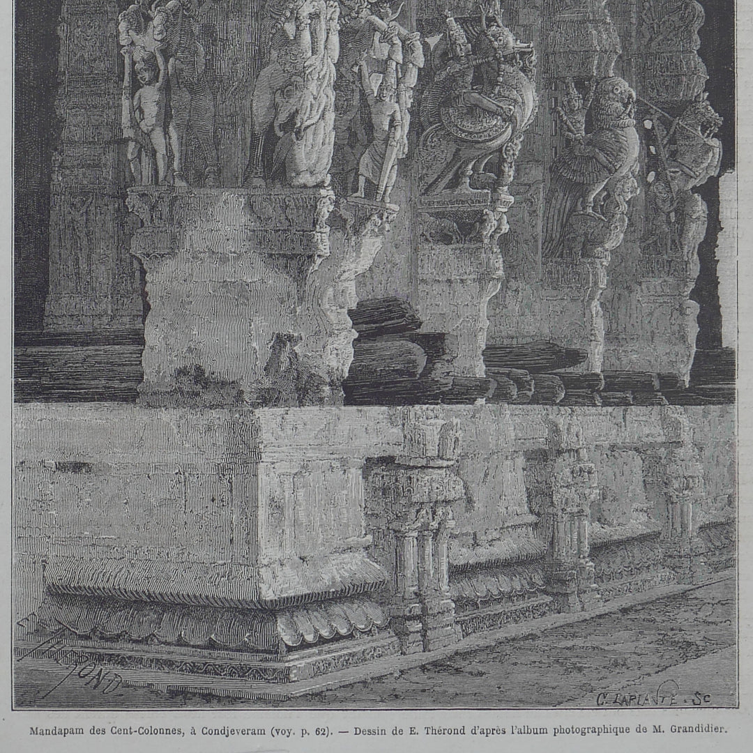 Antique Woodcut Engraving - Mandapam of Hundred Pillars