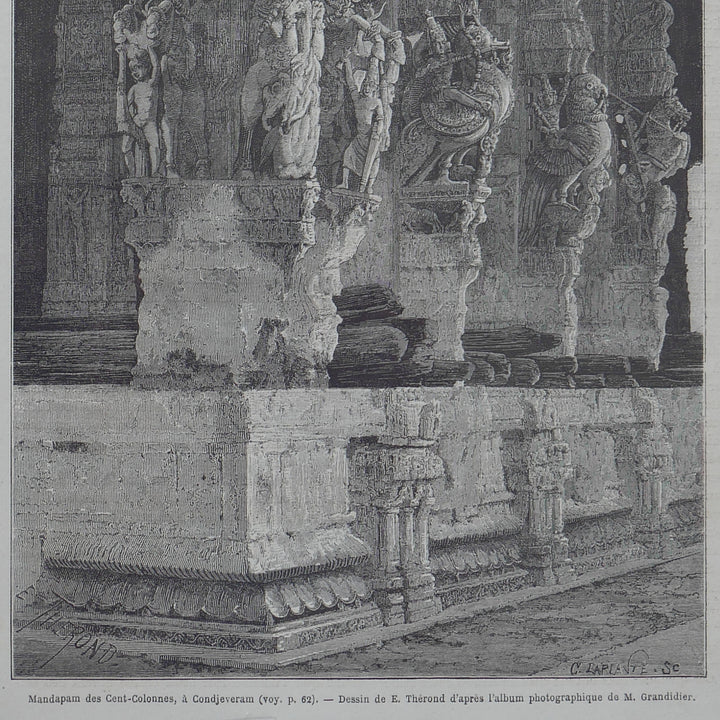 Antique Woodcut Engraving - Mandapam of Hundred Pillars