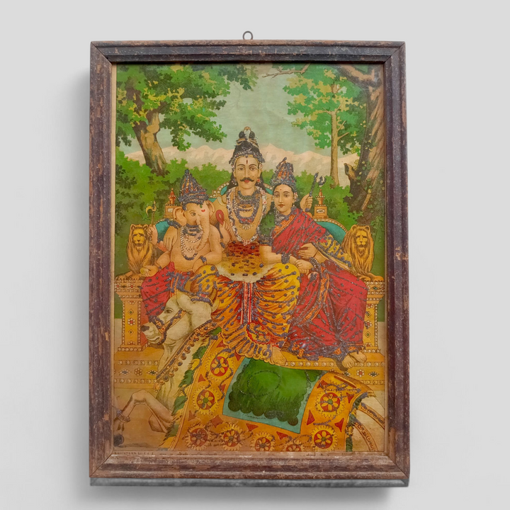 Vintage Embellished Ravi Varma Chromolithograph - Shiv Parivar