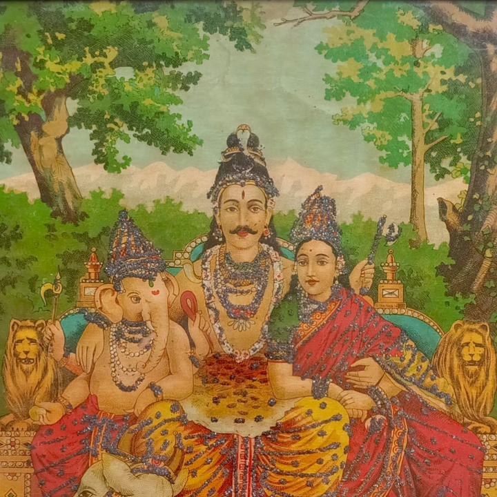Vintage Embellished Ravi Varma Chromolithograph - Shiv Parivar