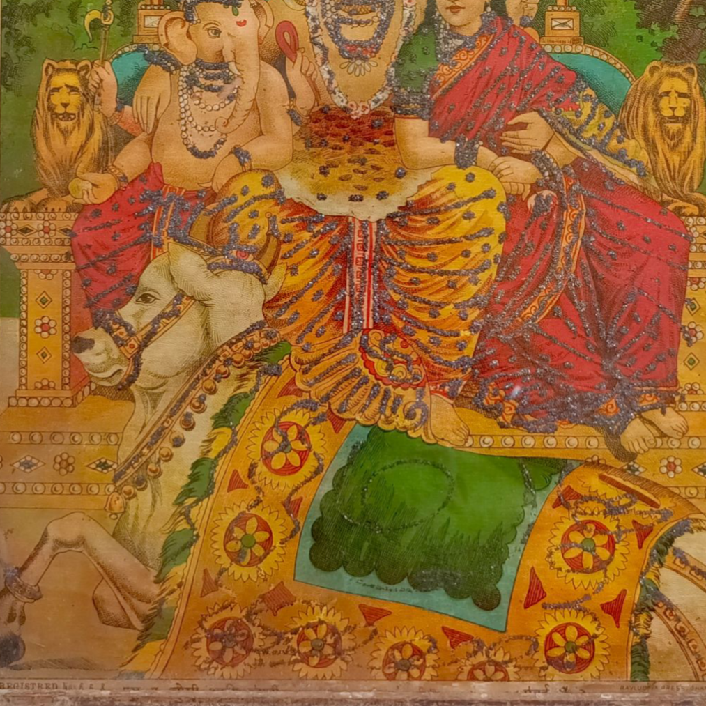 Vintage Embellished Ravi Varma Chromolithograph - Shiv Parivar