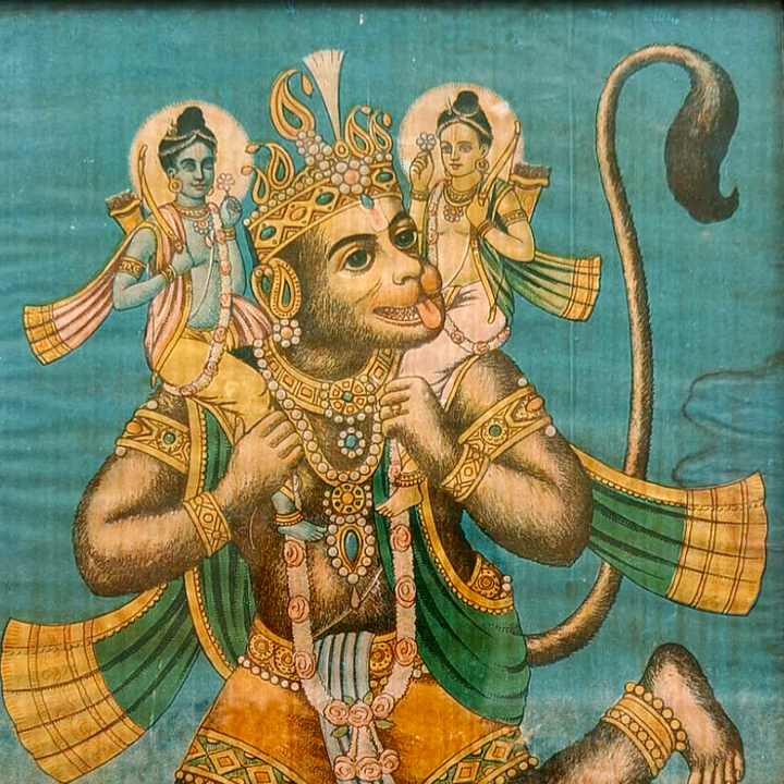 Vintage Ravi Varma Chromolithograph - Maruti Skandharudh - Rama and Laxmana