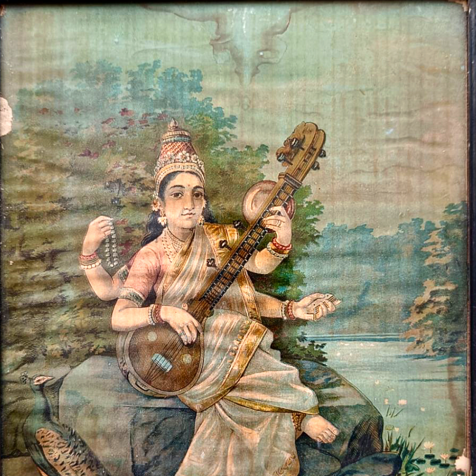 Vintage Ravi Varma Chromolithograph - Saraswati