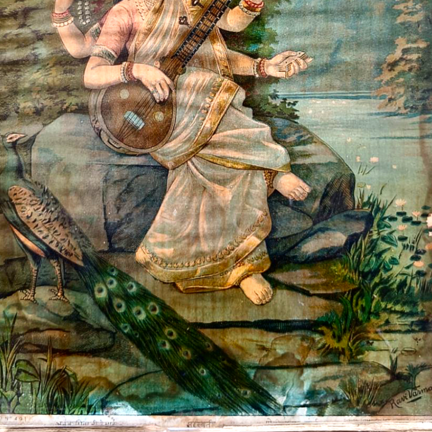 Vintage Ravi Varma Chromolithograph - Saraswati