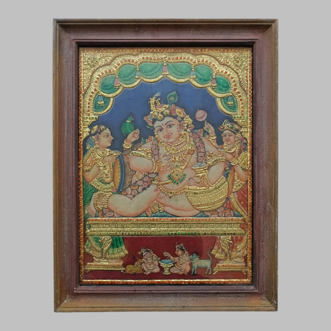 Tanjore Painting in 22 ct gold foil work - Navaneeta Krishna with Yashoda and Devaki